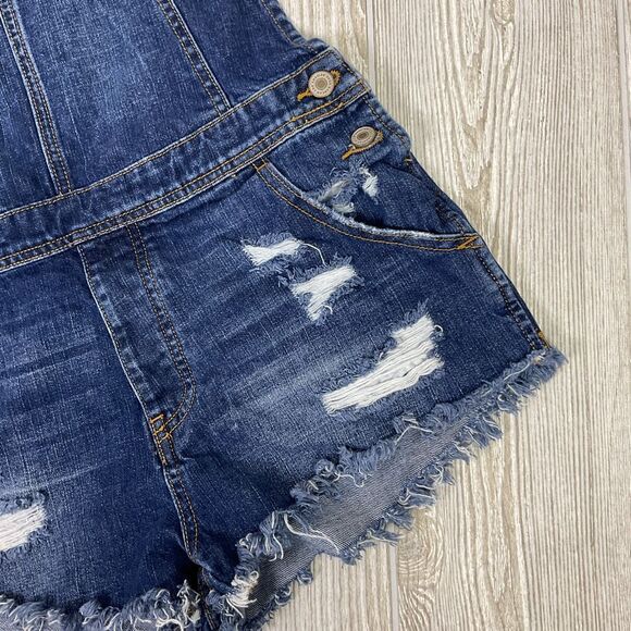 KanCan Easton Mid Rise Overall Shorts Size Large Dark Wash Distressed Pockets KC - Picture 5 of 8